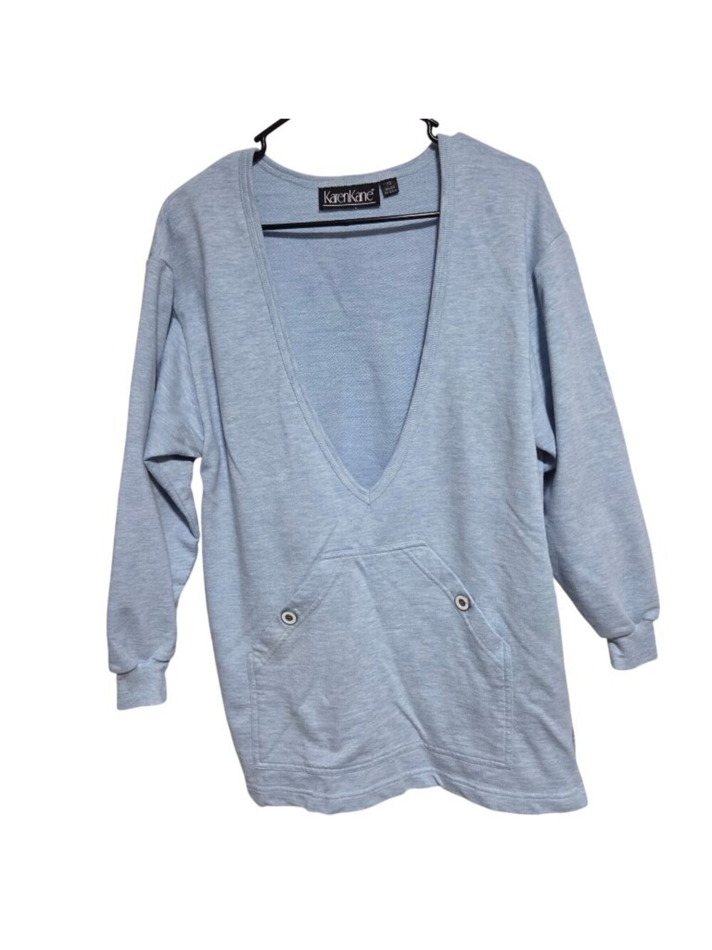 Vintage Karen Kane Sweatshirt Size XS Blue Deep V Neck Pullover Kangaroo Pocket